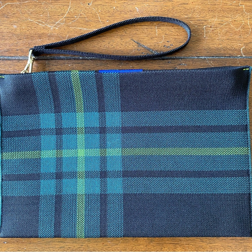 Rothy's Black and Green Clutch Wristlet with Bold Plaid Design